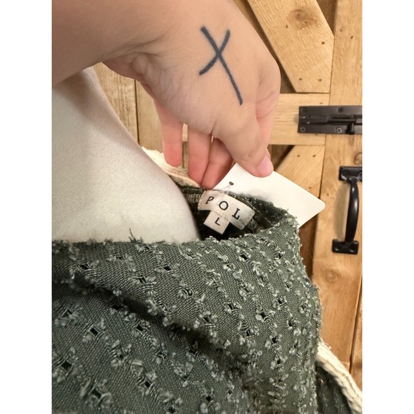 POL Olive Green Cropped Boho Hoodie Sweater Floral Tiered Gauze UWT604 Large - Picture 6 of 6